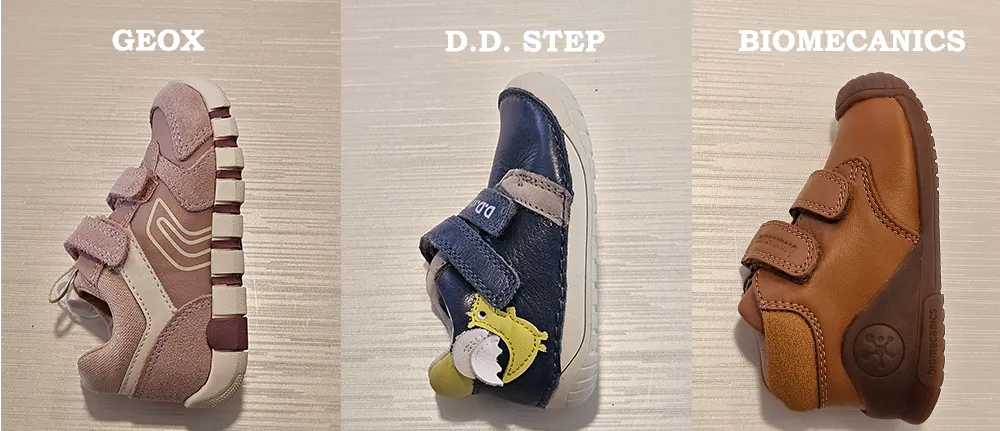 Comparatie intre pantofi copii Biomecanics cu stabilizator, Geox Respira si D.D. Step Barefoot cu talpa flexibila