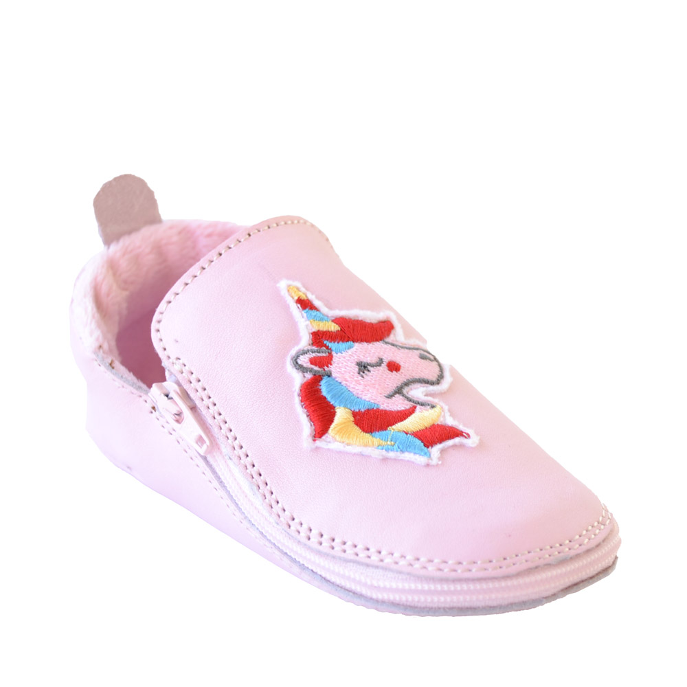 Pantofi copii cu fermoar și talpă de piele, roz