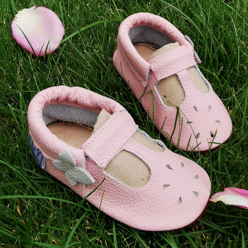Pantofi din piele moale, roz cu flururas gri- PL010-roz-29-Luy-