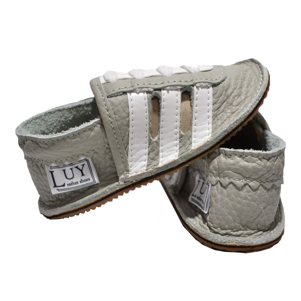 Sandale din piele moale gri cu dungi albe și talpă din cauciuc- PL012-gri-29-Luy-
