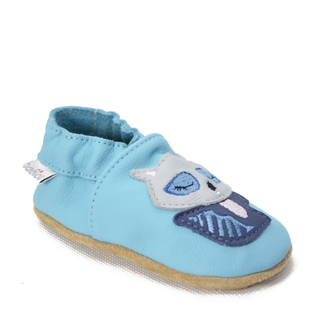 Papucei de interior din piele naturala, albastru cu raton, Babice