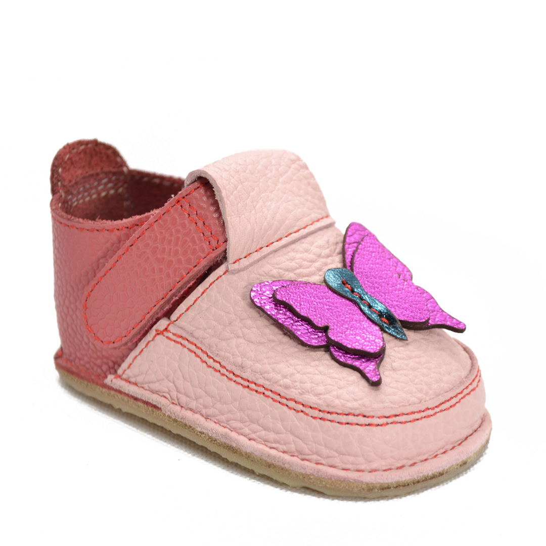 Pantofi primii pasi roz cu scai, talpă moale de cauciuc si fluturi ciclam