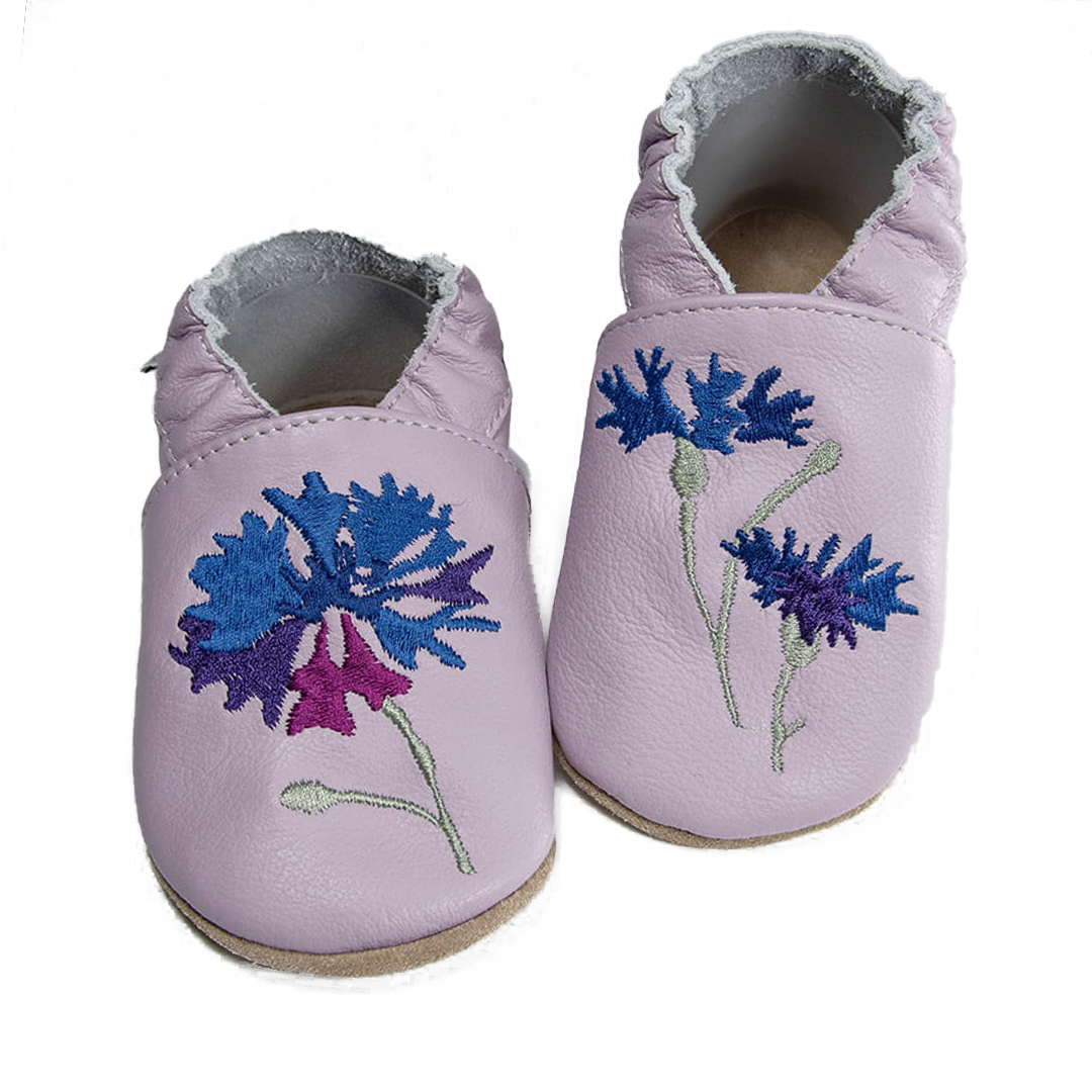 Papucei de interior din piele naturala, cu broderie floare de colt, lila Babice