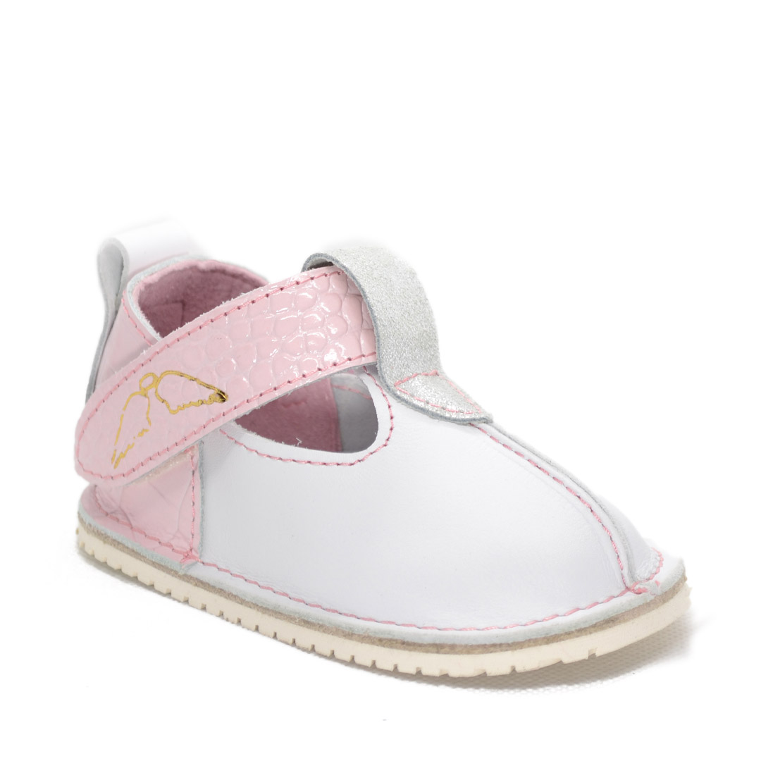 Pantofi din piele pentru copii cu scai si talpa cauciuc, alb - roz