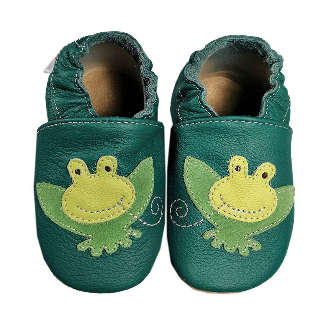 Papucei de interior din piele naturala, cu broasca, verde, Babice
