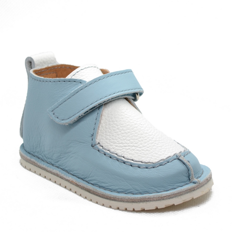 Pantofi din piele naturala pentru copii, talpa cauciuc, scai, Bubu, albastru,alb
