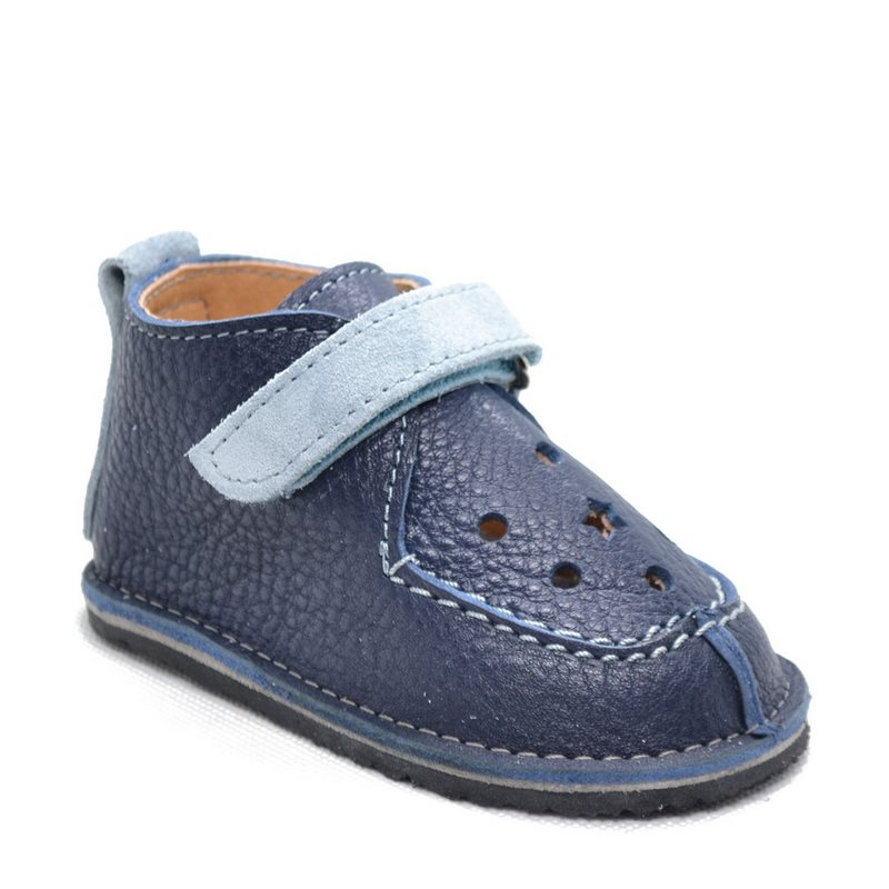 Pantofi din piele naturala pentru copii, talpa cauciuc, scai, perforatii, Bubu, bleumarin, albastru