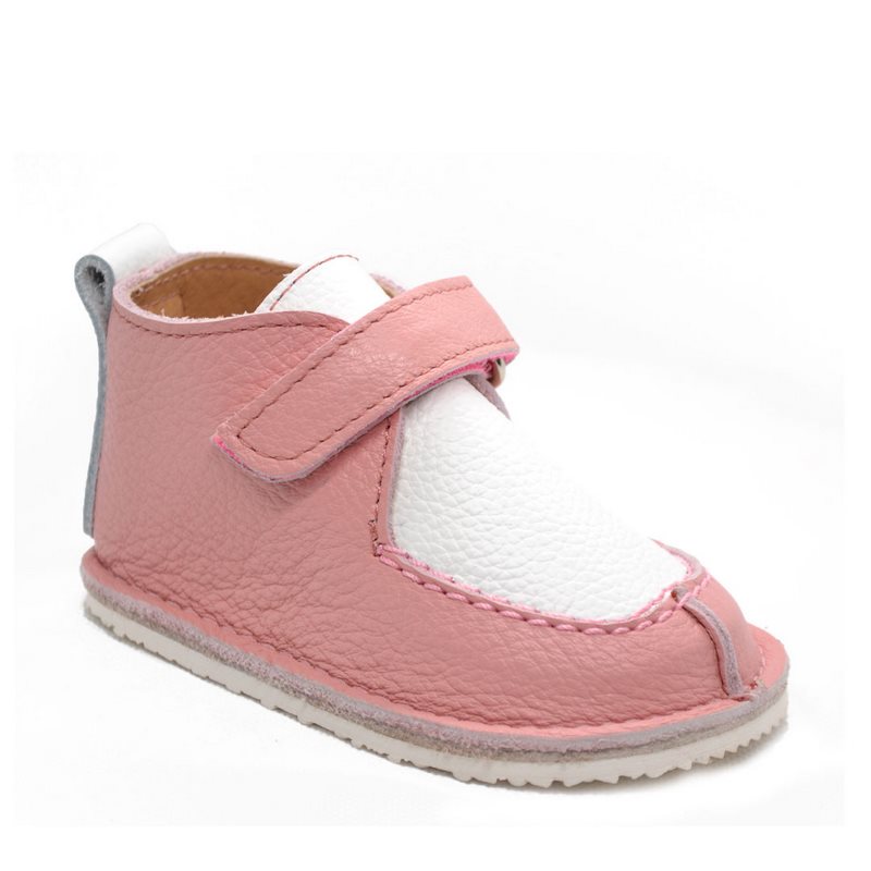 Pantofi din piele naturala pentru primii pasi, talpa cauciuc, scai, Bubu, roz, alb