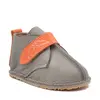 Ghete barefoot copii, piele naturala, talpa flexibila, grej cu bareta portocalie_RO-104-12-24_Pebebe