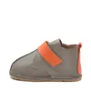 Ghete barefoot copii, piele naturala, talpa flexibila, grej cu bareta portocalie_RO-104-12-24_Pebebe