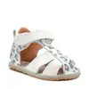Sandale copii, barefoot, primii pasi, piele naturala, talpa flexibila, inchidere cu scai, alb cu imprimeu_RO-103-5-22_Pebebe