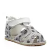 Sandale copii, barefoot, primii pasi, piele naturala, talpa flexibila, inchidere cu scai, alb imprimeu_RO-103-3-24_Pebebe
