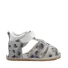 Sandale copii, barefoot, primii pasi, piele naturala, talpa flexibila, inchidere cu scai, alb imprimeu_RO-103-3-24_Pebebe