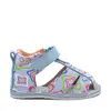 Sandale copii, barefoot, primii pasi, piele naturala, talpa flexibila, inchidere cu scai, albalbastru cu imprimeu_RO-103-6-22_Pebebe