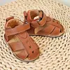 Sandale copii, barefoot, primii pasi, piele naturala, talpa flexibila, inchidere cu scai, teracota_RO-103-15-22_Pebebe