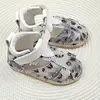 Sandale copii, barefoot, primii pasi, piele naturala, talpa flexibila, inchidere cu scai, alb imprimeu_RO-103-3-24_Pebebe