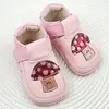 Pantofi barefoot copii primii pași din piele naturală cu talpă flexibilă – roz cu model ciupercuță_RO-16-21-18_Pebebe