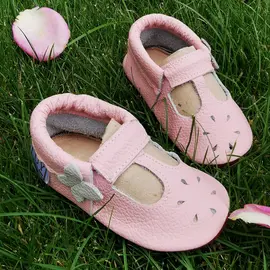 Pantofi din piele moale, roz cu flururas gri- PL010-roz-29-By Pebebe-