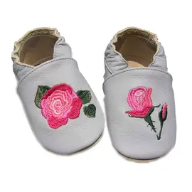 Papucei de interior din piele naturala, cu broderie trandafir, gri, Babice