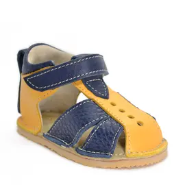 Sandale copii din piele naturala cu talpa flexibila vibram, bleumarin galben