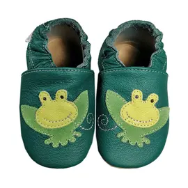 Papucei de interior din piele naturala, cu broasca, verde, Babice