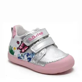 Pantofi din piele naturala primii pași, D.D.Step, fluturi, argintiu- S066-821-25-D.D. Step-