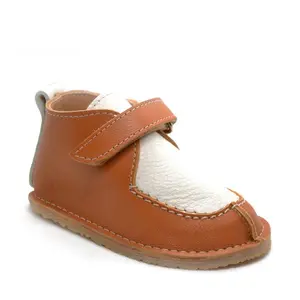 Pantofi din piele naturala pentru copii, talpa cauciuc, scai, Bubu, camel- RO-110-crem-maro-23-By Pebebe-