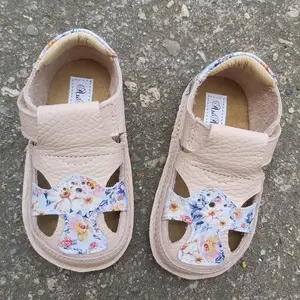 Sandale barefoot, primii pasi, piele naturala, talpa flexibila, roz, flori, APHRODITA- Ari-100-20-Ariana Baby Shoes-