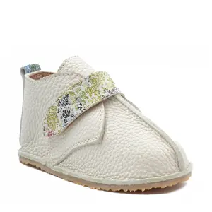 Ghete barefoot copii, piele naturala, talpa flexibila, crem cu bareta imprimeu,- RO-104-14-24-By Pebebe