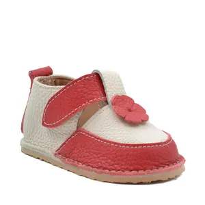 Pantofi barefoot, primii pasi, talpa flexibila, floare, rosu crem- RO-300-3-24-By Pebebe-