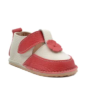 Pantofi barefoot, primii pasi, talpa flexibila, floare, rosu crem- RO-300-3-24-By Pebebe