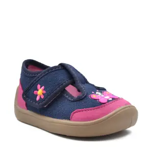 Pantofi barefoot copii, decupati, material textil, Elf Texas, bleumarin, fluturas roz, Bar3foot- 2BE8/2R-25-Bar3foot-