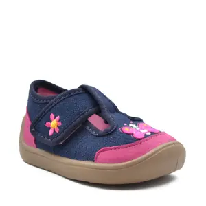 Pantofi barefoot copii, decupati, material textil, Elf Texas, bleumarin, fluturas roz, Bar3foot- 2BE8/2R-25-Bar3foot
