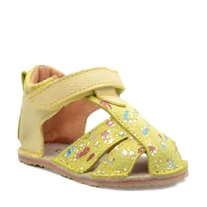 Sandale din piele naturala pentru copii, barefoot talpa flexibila, galben print- RO-103-8-14-By Pebebe-