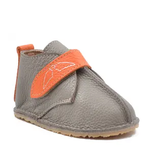 Ghete barefoot copii, piele naturala, talpa flexibila, grej cu bareta portocalie_RO-104-12-17_Pebebe