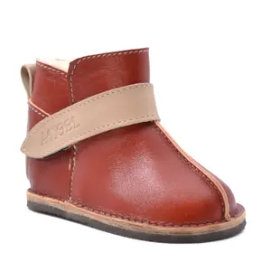 Cizme din piele pentru copii, talpa flexibila, imblanite, rosu marsala- RO-106-21-24-By Pebebe
