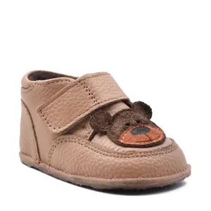 Ghete barefoot copii, piele naturala, captuseala textila, talpa din cauciuc, urs, maro- RO-23-3-24-By Pebebe