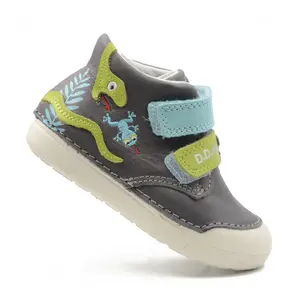 Pantofi din piele naturala pentru copii, talpa flexibila, gri inchis, serpisor verde, D.D. Step- S066-51303A-25-D.D. Step