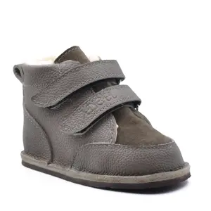 Ghete copii Barefoot, primii pasi, piele naturala, captuseala din blana, talpa felxibila, khaki, Stuy_RO-115-6-23_Pebebe