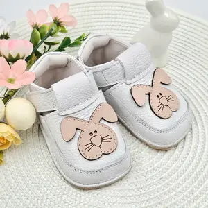 Pantofi barefoot copii, piele naturala, talpa flexibila, alb, iepuras- RO-16-15-24-By Pebebe