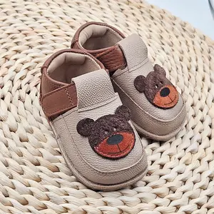 Pantofi primii pasi, barefoot, piele naturala, talpa flexibila, bej, ursulet- RO-16-13-23-By Pebebe