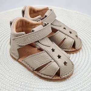 Sandale copii, barefoot, primii pasi, piele naturala, talpa flexibila, inchidere cu scai, bej_RO-103-14-23_Pebebe