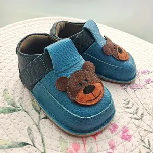 Pantofi primii pasi barefoot copii, piele naturala, talpa flexibila, turcoaz, ursulet_RO-16-10-18_Pebebe