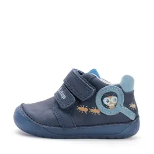 Pantofi D.D. Step baieti, piele naturala, barefoot, primii pasi, talpa fluorescenta, albastru inchis, furnicute_S070-52576-20_Pebebe