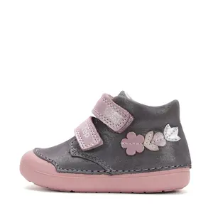 Pantofi D.D. Step fete, piele naturala, primii pasi, talpa felxibila, gri cu barete roz, floricele- S066-52737B-25-D.D. Step