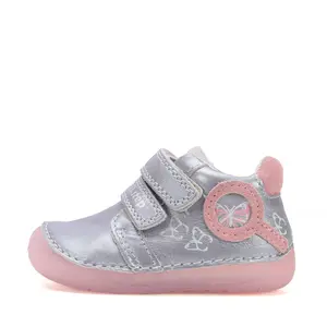 Pantofi D.D Step fete, barefoot, primii pasi,talpa fluorescenta, piele naturala, argintiu, fluturi_S070-52838-24_Pebebe