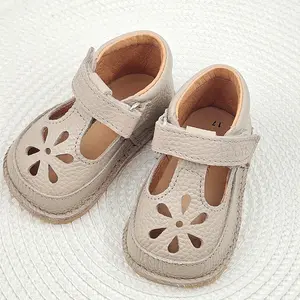 Sandale barefoot copii, piele naturala, primii pasi, talpa flexibila, bej- RO-502-3-22-