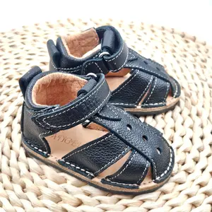 Sandale copii, barefoot, primii pasi, piele naturala, talpa flexibila, inchidere cu scai, negru_RO-100-16-23_Pebebe