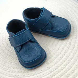 Ghete barefoot copii, din piele naturala cu scai, captuseala textila si talpa din cauciuc, bleumarin- RO-17-16-24-By Pebebe