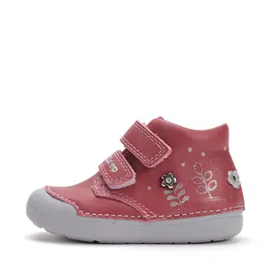 Pantofi D.D. Step fete, piele naturala, primii pasi, talpa felxibila, roz inchis cu flori argintii_S066-52842B-21_Pebebe